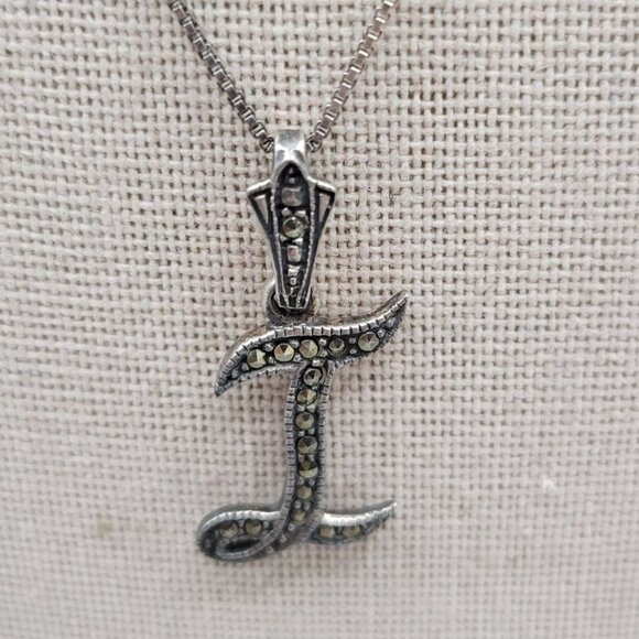 JC Sterling Silver Marcasite Initial T Pendant Necklace 925 Italy Box Chain - Picture 3 of 7